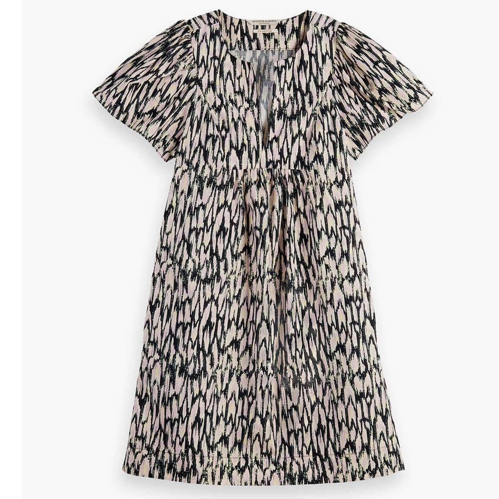 Scotch & Soda Organic Cotton Ikat Print Babydoll Dress Flutter Sleeves